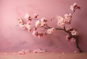 Blossoming Sakura Tree on Pink Background with Copy Space. AI Generated photo