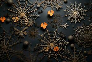 Halloween Web and Pumpkins on Black Background. AI Generated photo