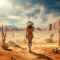 Beautiful young woman in hat and sunglasses holding coffee cup in desert.  AI generated photo