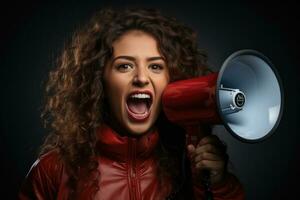 retrato de un joven mujer gritos mediante un megáfono. ai generado foto