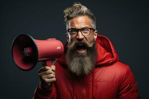 portrait of angry senior man in red hoodie shouting through megaphone isolated on grey. AI generated photo
