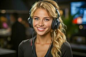 Portrait of smiling female customer support phone operator in headset. Beautiful young woman with headphones in a call center. AI generated photo