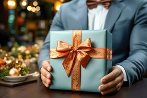 Man holding beautiful gift box at wooden table, closeup. Christmas celebration. AI generated photo