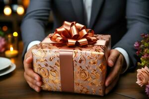 Man holding beautiful gift box at wooden table, closeup. Christmas celebration. AI generated photo