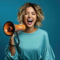 Portrait of a young woman shouting through a megaphone. AI generated photo