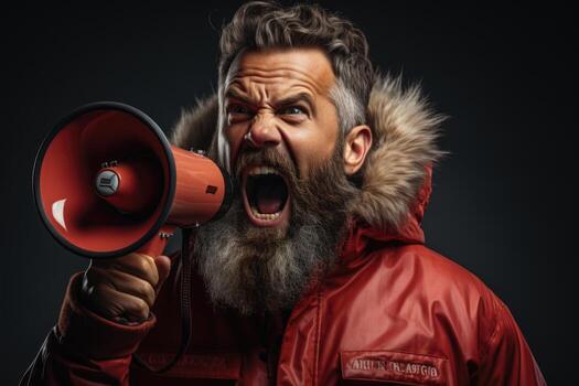 portrait of angry senior man in red hoodie shouting through megaphone isolated on grey. AI generated photo
