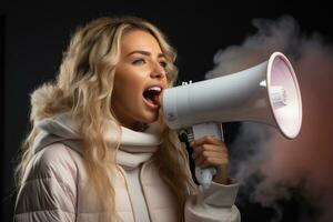 Portrait of a young woman shouting through a megaphone. AI generated photo