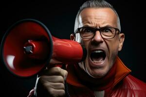 portrait of angry senior man in red hoodie shouting through megaphone isolated on grey. AI generated photo