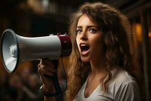 Portrait of a young woman shouting through a megaphone. AI generated photo