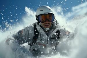 esquiador esquiar cuesta abajo en alto montañas durante soleado día. mezclado medios de comunicación. extremo invierno deporte. 3d ilustración. paseo libre esquiador corredizo cuesta abajo en nieve en un oscuro antecedentes. ai generado foto