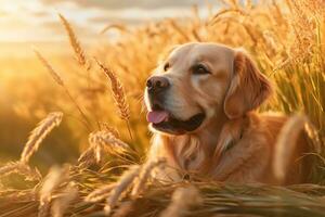 dorado perdiguero perro en trigo campo a puesta de sol o amanecer ai generado foto