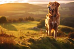 Golden retriever dog standing on the hillside at sunset in country side ai generated photo