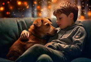 Little boy with dog at home photo