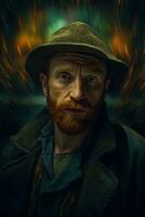 Portrait of a red-bearded man in a hat and jacket against a background of fire ai generated photo