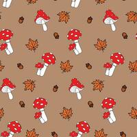 otoño sin costura modelo con amanita hongos, bellotas y arce hojas. diseño para tela, textil, fondo de pantalla, envase papel. vector ilustración