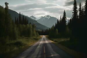 Alaska road along the edges of a coniferous.  Photorealistic image. AI generated. photo