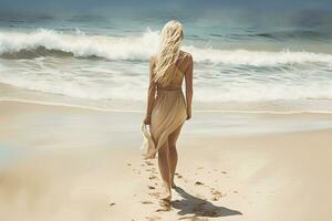 mujer caminando en el playa posterior vista. fotorrealista imagen. ai generado. foto