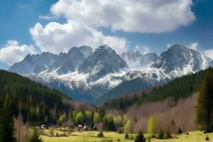 Panoramic view of mountains. Photorealistic image. AI generated. photo