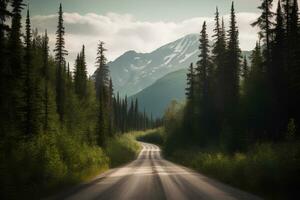 Alaska road along the edges of a coniferous.  Photorealistic image. AI generated. photo