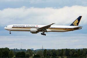 Singapore Airlines passenger plane at airport. Schedule flight travel. Aviation and aircraft. Air transport. Global international transportation. Fly and flying. photo