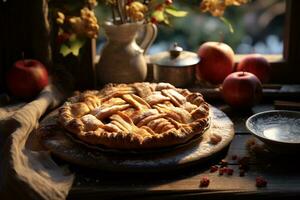 warm apple pie on the table, AI generated photo