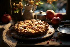 calentar manzana tarta en el mesa, ai generado foto