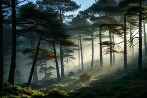 light entering a misty pine forest creates a calm atmosphere, AI generated photo