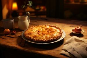 warm apple pie on the table, AI generated photo