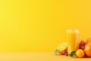 Fruta jugo en un amarillo fondo, ai generado foto