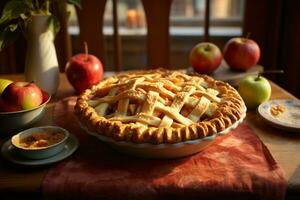 warm apple pie on the table, AI generated photo