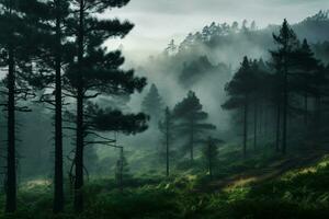 light entering a misty pine forest creates a calm atmosphere, AI generated photo