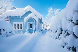 fuera de el casa cubierto en hermosa nieve, ai generado foto