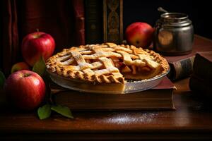 warm apple pie on the table, AI generated photo