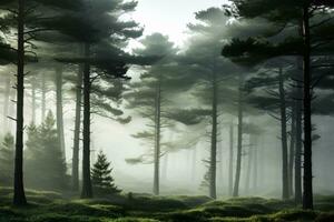 light entering a misty pine forest creates a calm atmosphere, AI generated photo