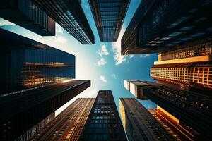 Tall buildings with clear skies taken from a low angle, AI generated photo