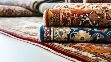 Rolled Persian carpets sale of bright carpets, photo shop