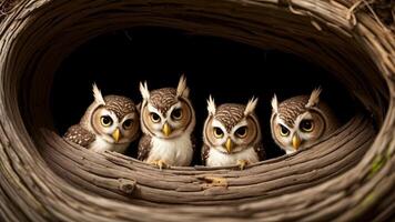 Curious two baby owls inside tree hole nest peeking out of the hole. photo