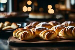 The picture shows a close up of a Danish pastry, with a lovely restaurant in the background AI Generated photo