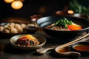 The camera is pointed at Bibimbap, which is a dish from Korea The background behind it looks blurry or not easy to see AI Generated photo