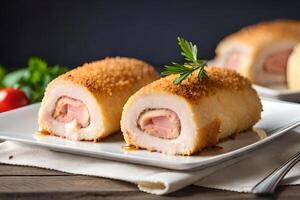The camera is focusing closely on Chicken Cordon Bleu, with a strong light in the background of the studio photo