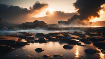 Abstract minimal concept. Dark background with natural granite stones podium on water and smoke surrounding. photo