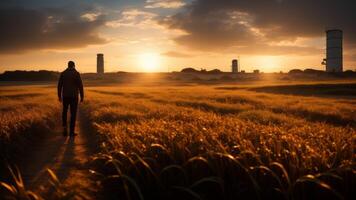 Rear view of a farmer at dawn, walking through a dew kissed corn field towards distant grain silos. photo