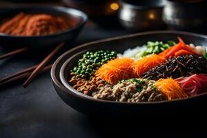 The camera is getting closer to show a tasty and popular Korean dish called Bibimbap Sometimes, it can be difficult to understand what is happening behind something photo