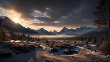 Winter landscape with snowy mountains. photo