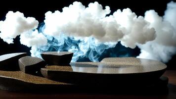 Abstract minimal concept. Dark background with natural granite stones podium on water and smoke surrounding. AI Generated photo