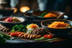 The camera is pointing at Bibimbap, and the background behind it looks fuzzy AI Generated photo