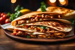 This is a clear picture of a tasty Chicken Quesadilla, with a background that is not very clear photo