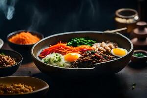 el cámara es consiguiendo más cerca a espectáculo un delicioso y popular coreano plato llamado bibimbap a veces, eso lata ser difícil a entender qué es yendo en o por qué alguna cosa es sucediendo ai generado foto