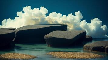 Abstract minimal concept. Dark background with natural granite stones podium on water and smoke surrounding. photo