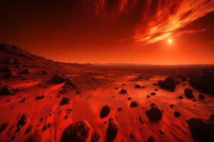 The picture displays the sun going down on Mars In the picture, the sky and the ground come together It is red and gold photo